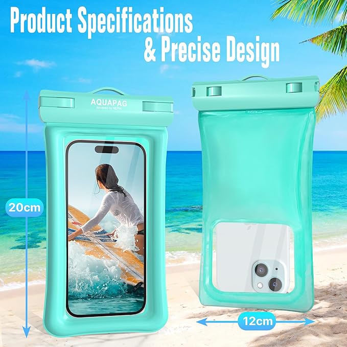 NEPHI IP68 Waterproof Phone Pouch 2 Pack-Up to 8.0"，Adjustable Neck Lanyard Floating Waterproof Phone Case for iPhone,Phone Dry Bags for Vacation Beach Pool Travel Essentials (Aqua Green 2 Pack)