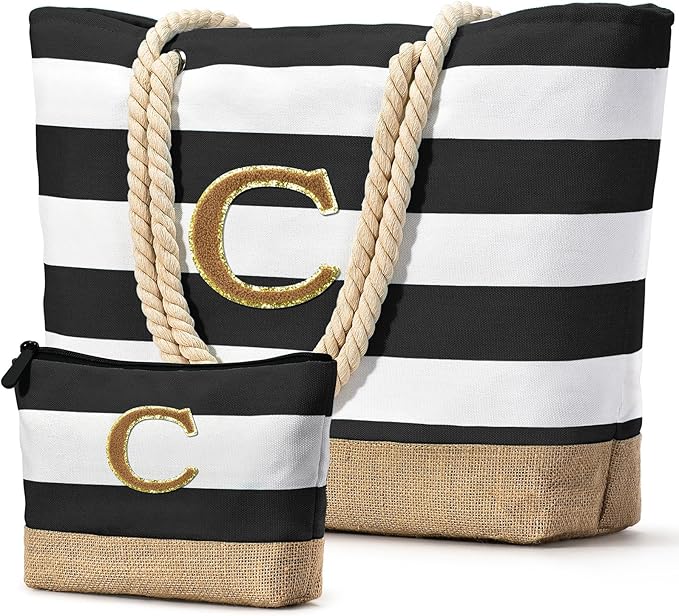 Becokan Beach Bag Initial Beach Tote with Makeup Bag for Travel Work Storage Personalized Birthday Gifts for Women Her