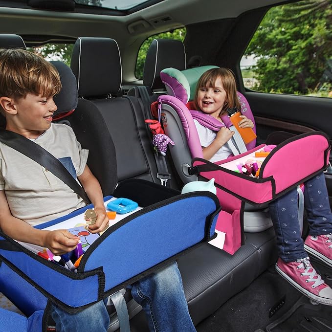 Kids Travel Tray for Airplane - Toddler Car Seat Table Tray, Road Trip Essentials for Boys & Girls, Carseat Lap Desk for Kids Road Trip Activities (Pink)