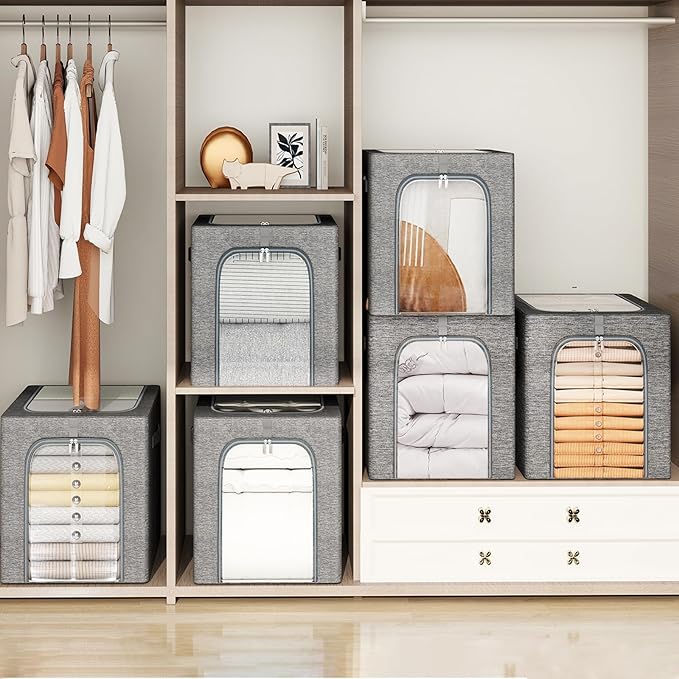 GoMaihe Clothes Storage Bins Metal Frame: 55L Extra Large Stackable Closet Storage Bin with Lid & Clear Window, Heavy Duty Blanket Box for Winter Coats Comforters (Fits Deep Closet 6-Pack)