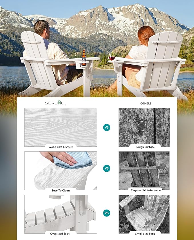 SERWALL Adirondack Chair with Cup Holders - Composite Adirondack Chairs Set of 4 HDPE Outdoor Chairs All Weather Use- White