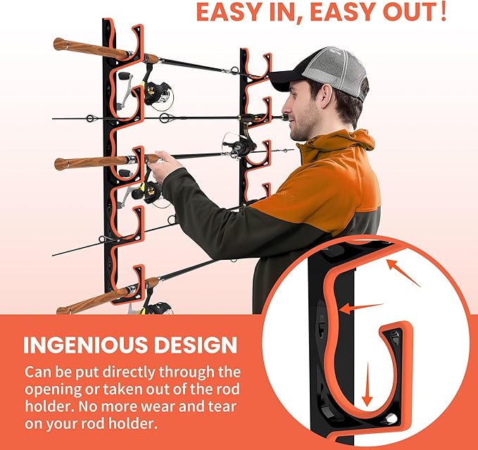 Fishing Rod Holder for Garage, H5 Wall or Ceiling Mounted Fishing Pole Holders with Soft Protective Pad, Fishing Rod Storage Organizer, Horizontal Fishing Rod Wall Mount Nets Storage (4 PACK)