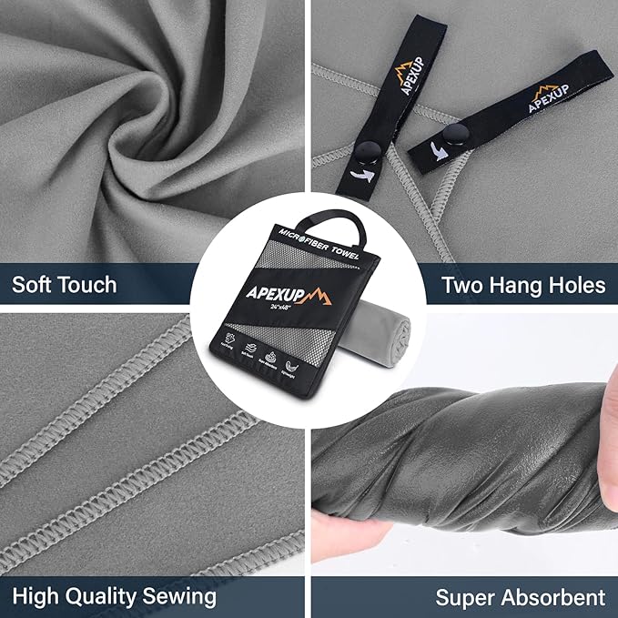 APEXUP Microfiber Travel Towel, Ultra Absorbent Quick Dry Towels, Lightweight Gym Sports Camping Towel for Workout, Yoga, Beach, Shower, Swimming (60"×30", Gray)