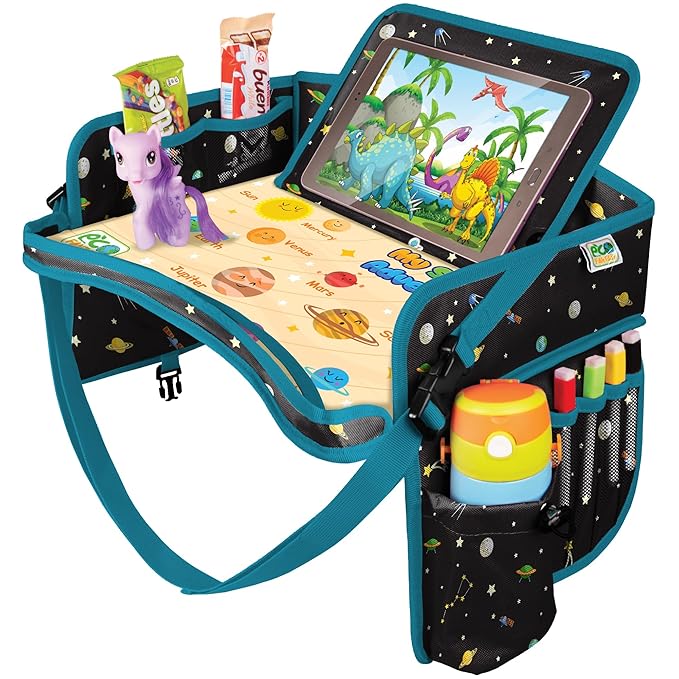 Car Seat Tray for Toddler - Waterproof Carseat Table Top - Kids Travel Tray - Travel and Road Trip Essentials Kids - Lap Desk with Storage -Baby Airplane Travel Accessories (Black)