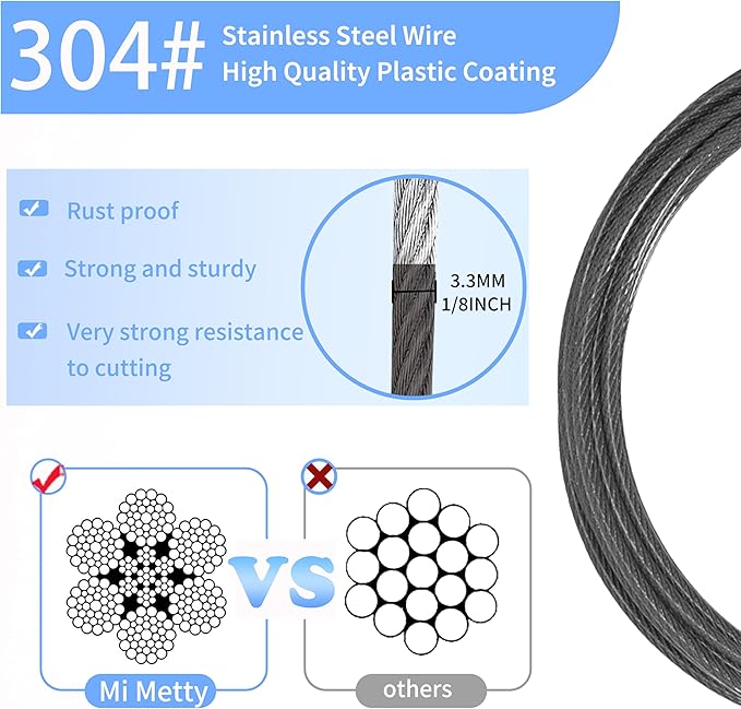 3.3mm (1/8 Inch) Outdoor Travel Stainless Steel Security Cable-6ft Luggage Lock Safety Wire Flexible Steel Wire Rope with Double Loop Safety for Luggage, Bike, Lock(Black, 6ft-(2Pack)