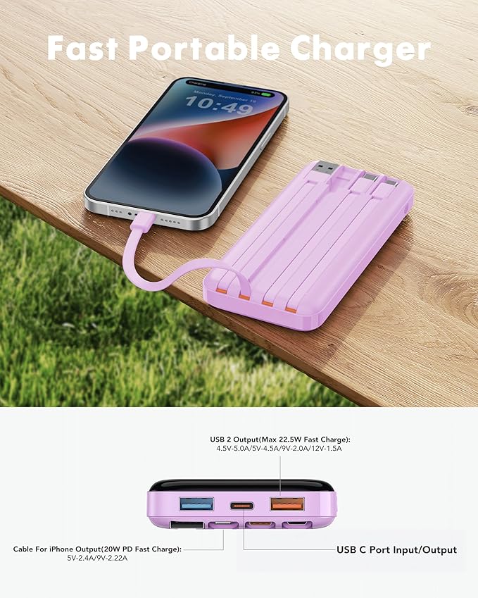 charmast 20000mAh Portable Charger with Built in Cables, 22.5W Travel Power Bank Fast Charging, USB C Cell Phone Battery Pack for iPhone 16/15/14/13/12/11 Series, iPad, Samsung, Android, Tablet