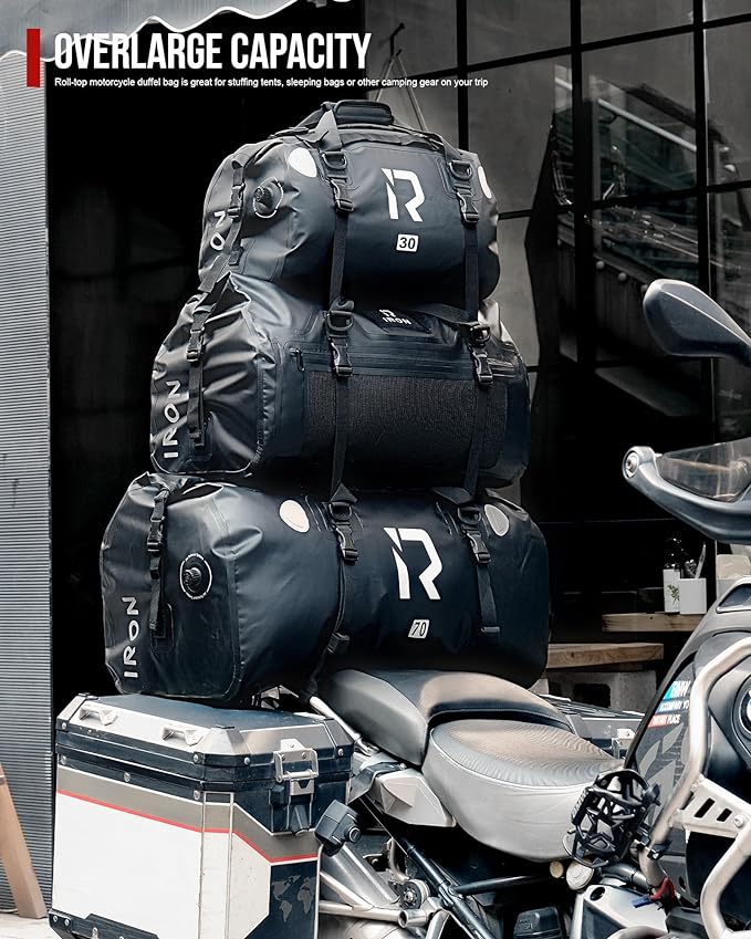 IRON JIA'S Motorcycle Dry Bag - Waterproof Duffle & Luggage Tail Bag Saddle Bags with Roll Top Closure, Shoulder Straps, Inner Pocket and Mesh Pocket (Brown, 50L)