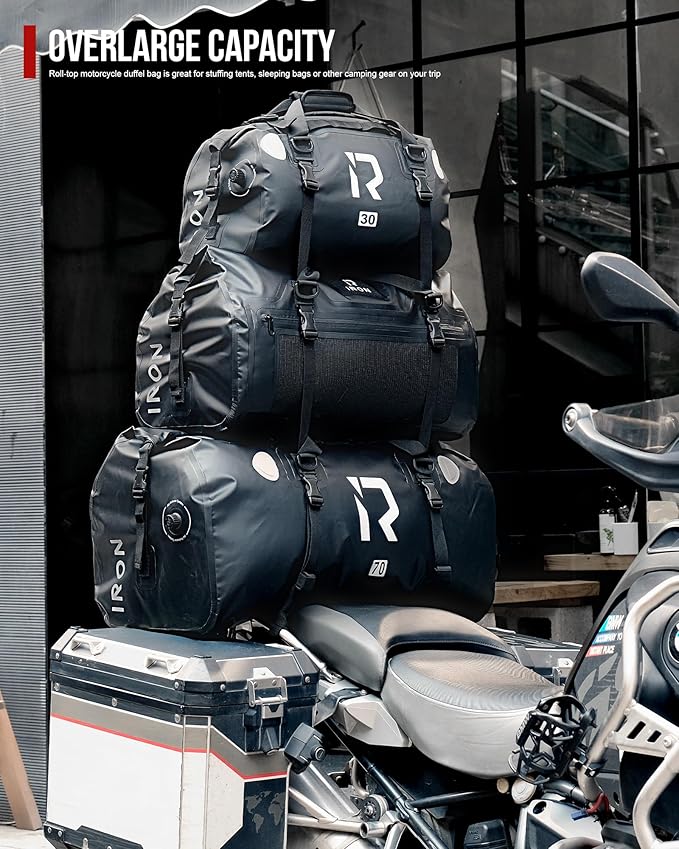 IRON JIA'S Motorcycle Dry Bag - Waterproof Duffle & Luggage Tail Bag Saddle Bags with Roll Top Closure, Shoulder Straps, Inner Pocket and Mesh Pocket (Black, 30L)