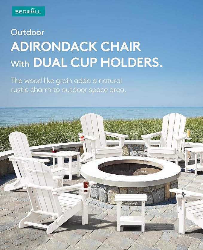 SERWALL Adirondack Chair with Cup Holders - Composite Adirondack Chairs Set of 2 HDPE Outdoor Chairs All Weather Use- White