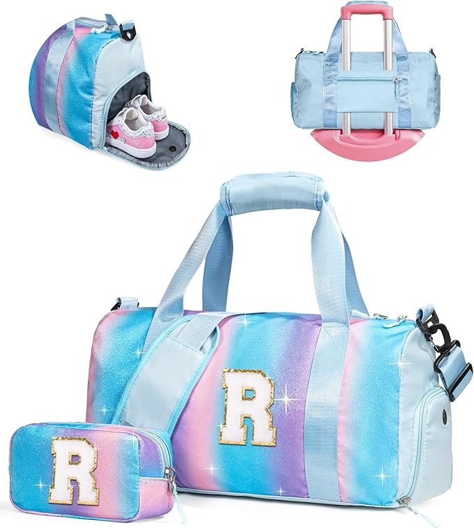 Dance Bag for Girls- Gym Bag with Shoe Compartment, Kid Personalized Weekender Overnight Bags, Initial Travel Tote with Makeup Pouch, Trendy Gift for Girls (Letter R)