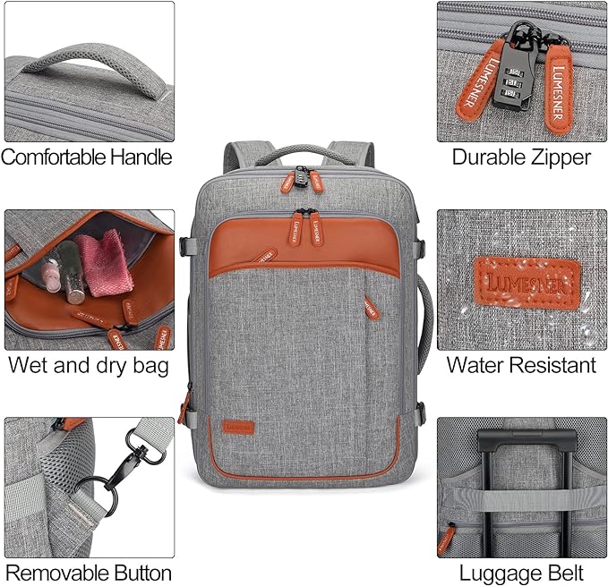 Carry on Travel Backpacks, Extra Large 40L Flight Approved Bag for Men & Women,Expandable Suitcase Backpack With 4 Packing Cubes,Water Resistant Luggage Daypack Business Weekender Bag,Grey
