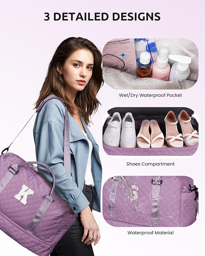 Unique Gifts for Her-Overnight Bags for Women, Personalized Weekender Bag, Monogram Travel Bag for Women with Trolley Sleeve & Wet Pocket, Letter Travel Bag with Makeup Bag (Letter D)