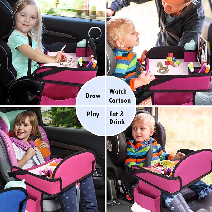 Kids Travel Tray for Airplane - Toddler Car Seat Table Tray, Road Trip Essentials for Boys & Girls, Carseat Lap Desk for Kids Road Trip Activities (Pink-2PCS)