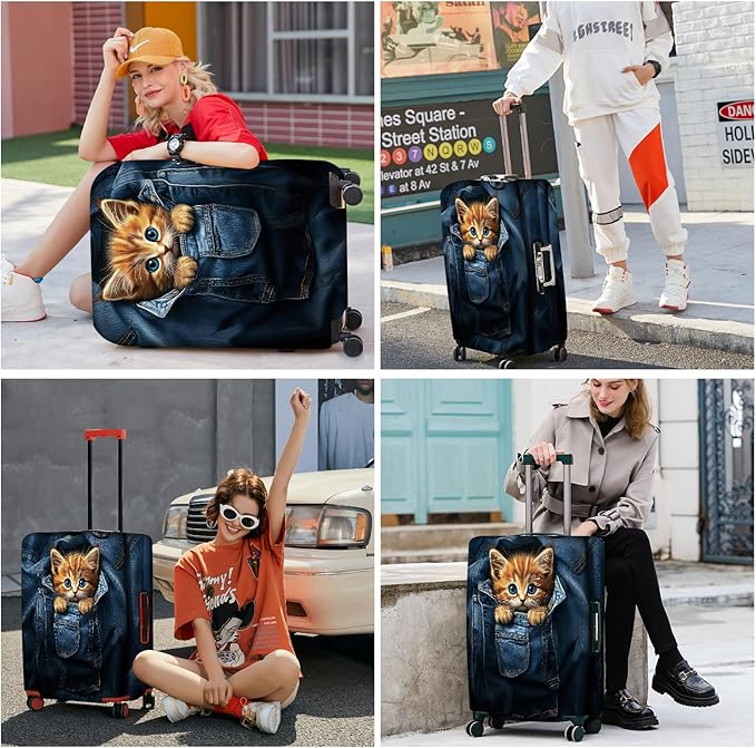ANNA QUEEN Cute Kitten in Pocket Luggage Cover, Funny Cat Suitcase Protector with Denim Print, Stretchable & Washable Spandex Travel Cover for 20-22 Inch Luggage