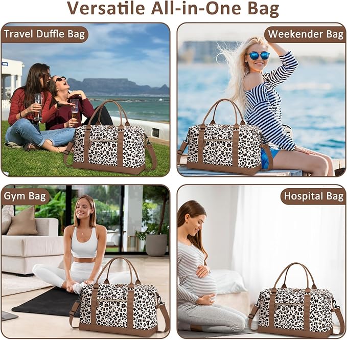 Travel Duffle Bag for Women, Weekender Bags, Hospital Bag for Labor Delivery, Lightweight Tote Duffel Overnight Bag with Luggage Sleeve, Airplane Travel Bags with Toiletry Bag,Large,Leopard