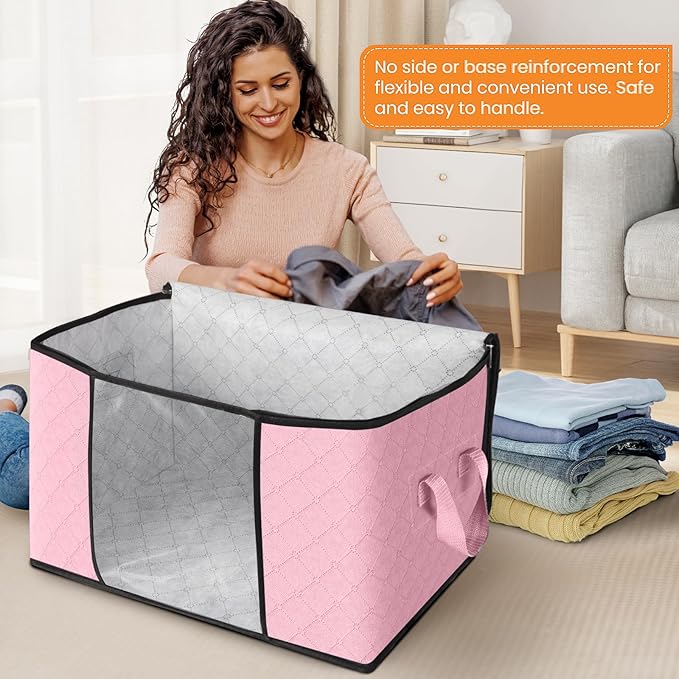 Fab totes 24 Gallons Clothes Storage, Foldable Thick Fabric Blanket Storage Bags, Containers for Organizing Bedroom, Closet, Clothing, Comforter, Organization with Handle (10 Pack,Pink)