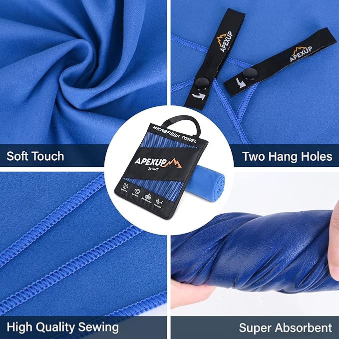 APEXUP Microfiber Travel Towel, Ultra Absorbent Quick Dry Towels, Lightweight Gym Sports Camping Towel for Workout, Yoga, Beach, Shower, Swimming (48"×24", Dark Blue)
