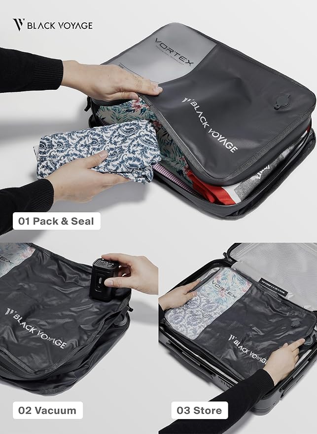Black Voyage Reusable Vacuum Compression Travel Bag for Carry-On Suitcase and Backpack, Recycled IP67 Waterproof Space Saver Airback (2-Pack, 21L - No Pump)