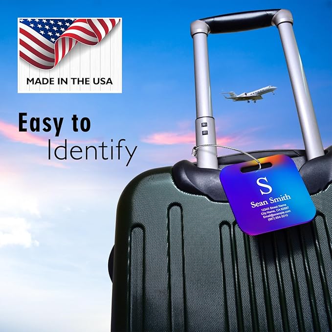 Luggage Tags for Suitcase - Engraved Black Personalized Stainless Steel Metal Tag - Custom Name Tags Suitable for Bags and Backpacks