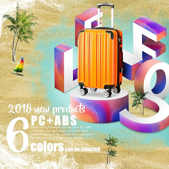 Coolife Luggage Expandable(only 28") Suitcase PC+ABS Spinner 20in 24in 28in Carry on (orange new, L(28in))