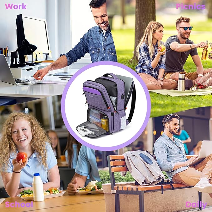 Lunch Backpack, Insulated Cooler Backpack Lunch Box for Women, 15.6 Inch RFID Blocking Laptop Backpack with USB Port, for Work Travel Picnics Hiking Purple