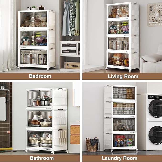 BROVIEW 480Qt Stackable Storage Bins with Lid, Extra Large Closet Organizer Collapsible Drawer Boxes with Wheels, Folding Plastic Cabinet Containers for Home Kitchen Room Organization, 4Pack White