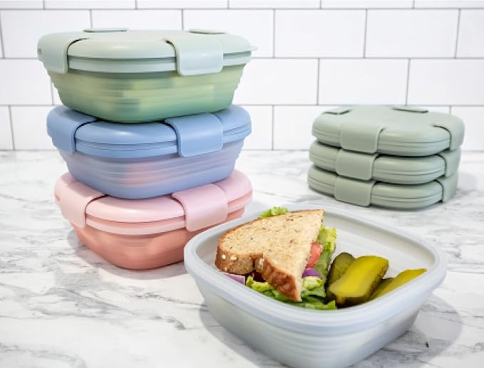 STOJO Collapsible Sandwich Box – 24oz, Reusable Food Storage Container, Silicone Bowl for Hot/Cold Food – Meal Prep, Lunch, Camping, Hiking – Dishwasher Safe (Set of 5, Translucent Carnation)