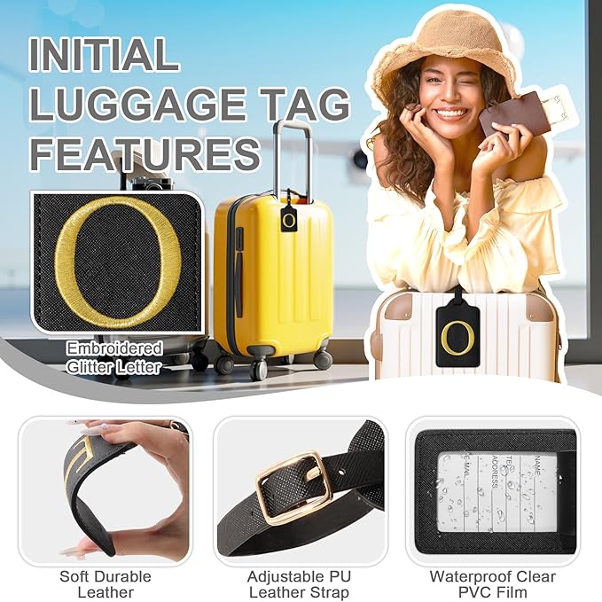 Personalized Initial Luggage Tags for Suitcase TSA Approved, Black Leather Cute Luggage Tag with Privacy Cover Name Card, Embroidered Custom Luggage Tags Travel Backpack Tags Gifts for Women Kids(O)