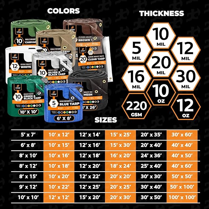 Multipurpose Protective Cover Brown Poly Tarp 12' x 16' - Durable, Water Resistant, Weather Resistant - 5 Mil Thick Polyethylene - by Xpose Safety