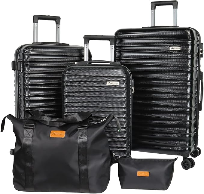 Luggage Sets 3 Piece(20/24/28)-Suitcase Set- Luggage with Wheels-PC + ABS Durable Lightweight Rotating hardshell suitcase 5PCS (Black)…