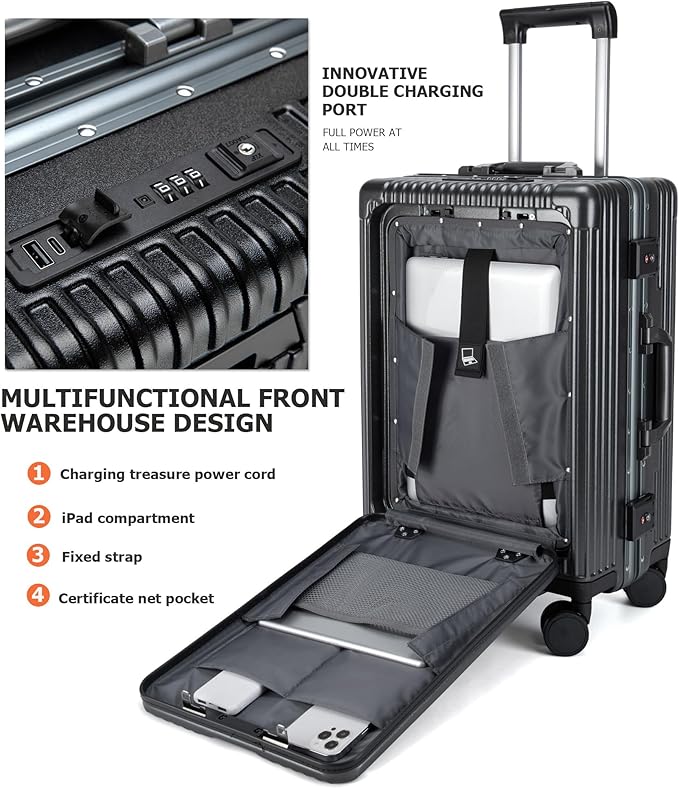 feilario 24in Aluminium Frame PC Hard Shell Spinner Wheels Luggage, Built-In TSA lock Carry on Suitcase, with Cup Holder, USB Port, Phone Holder