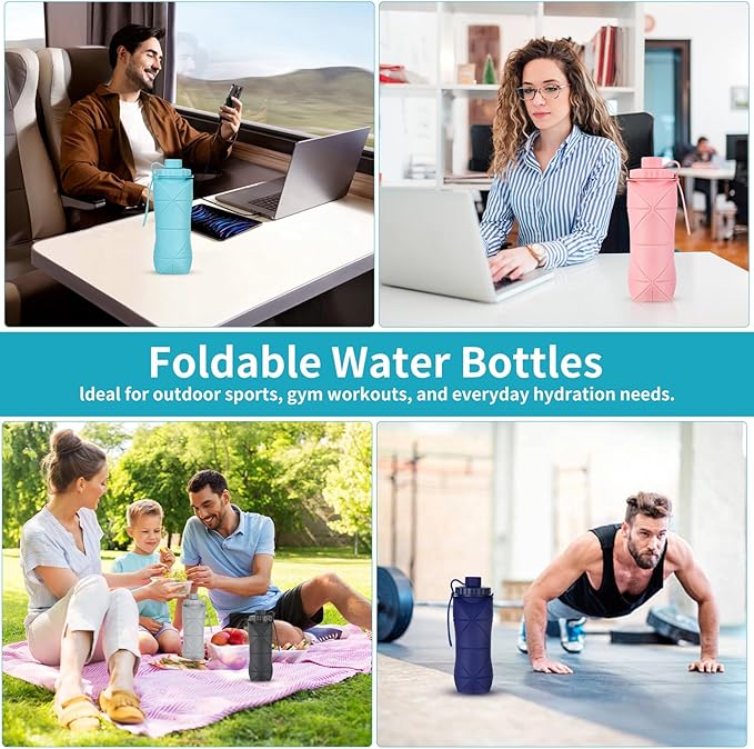 Silicone Collapsible Water Bottles,Lightweight Reusable Leakproof For Traveling Camping Hiking Cycling Sports Outdoor,Foldable Portable Travel Water Bottle 600ML Dark Blue 1Pack.