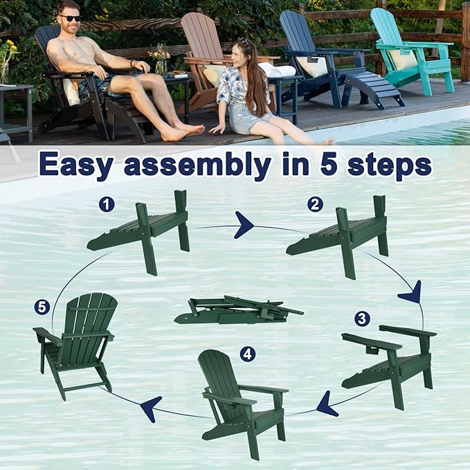 Folding Adirondack Chair - Extended Ergonomic Backrest, Cup Holder - Easy Assembly - Durable HDPE Plastic, Weather Resistant & Maintenance-Free - Lawn, Patio, Deck Supports 380lbs Green