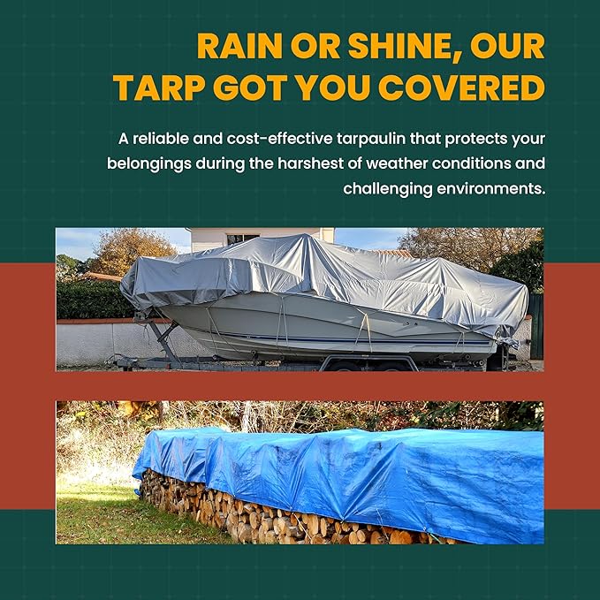 Large Waterproof Tarp - Heavy Duty 10 Mil Thick Poly Tarpaulin Ideal for Canopy Tents, Boats, RV or Pool Covers - Multipurpose Protective Tarps with Grommets for Indoor and Outdoor Use | 6' x 8'