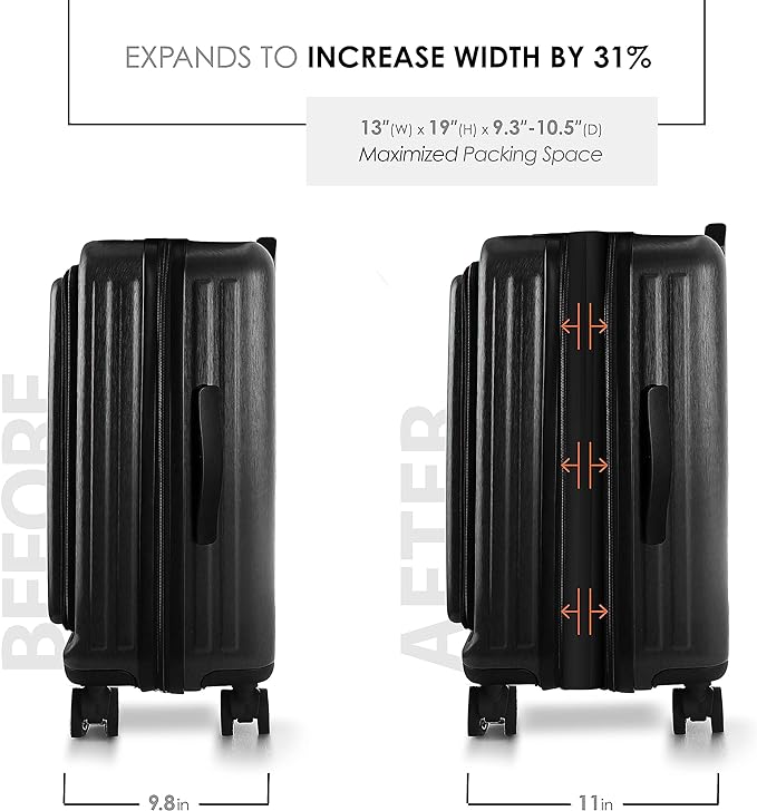 22 Inch Carry On Luggage 22x14x9 Airline Approved, Carry On Suitcase with Wheels, Hard-shell Carry-on Luggage, Durable Luggage Carry-On, Black Small Suitcase with Cosmetic Case