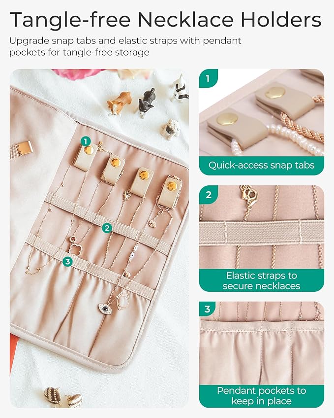 BAGSMART Travel Jewellery Organiser Roll Foldable Jewelry Case for Journey-Rings, Necklaces, Bracelets, Earrings, White Leaf