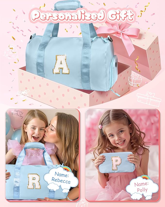 Gifts for 4 5 6 7 8 9 10 Year Old Girls-Girl Gym Bag with Shoe Compartment, Kid Personalized Weekender Overnight Bags, Initial Travel Tote with Makeup Pouch, Gift for Daughter (Letter G)