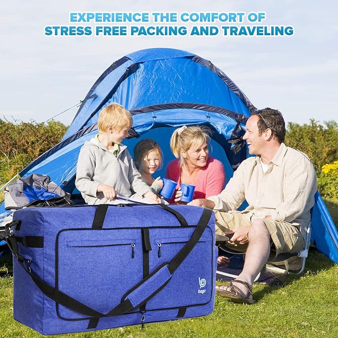Bago Large Foldable Duffel Bags for Traveling Women & Men - 120L Packable Duffle Bag for Travel with Shoe Compartment - Water Repellant, Heavy Duty, Lightweight Folding & Collapsible (SnowDepBlue)