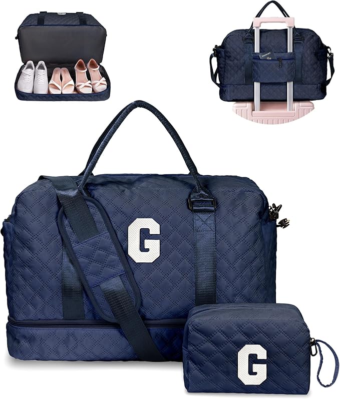 Gifts for Girls-Initial Duffle Bag with Shoe Compartment, Personalized Weekender Bag, Monogram Overnight Bag, Letter Travel Bag with Makeup Bag，Personalized Gift Idea for Women Her (Letter G)