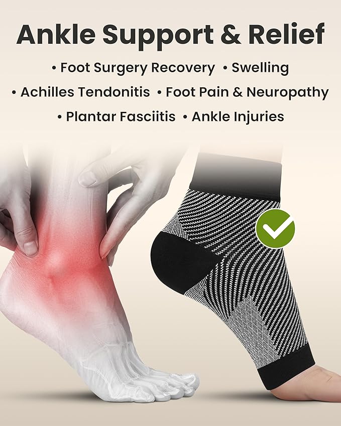 KEMFORD Ankle Compression Sleeve - Plantar Fasciitis Braces - Open Toe Compression Socks for Swelling, Sprain, Neuropathy, Foot Arch Support for Men and Women - 20-30mmhg, L, Black and White