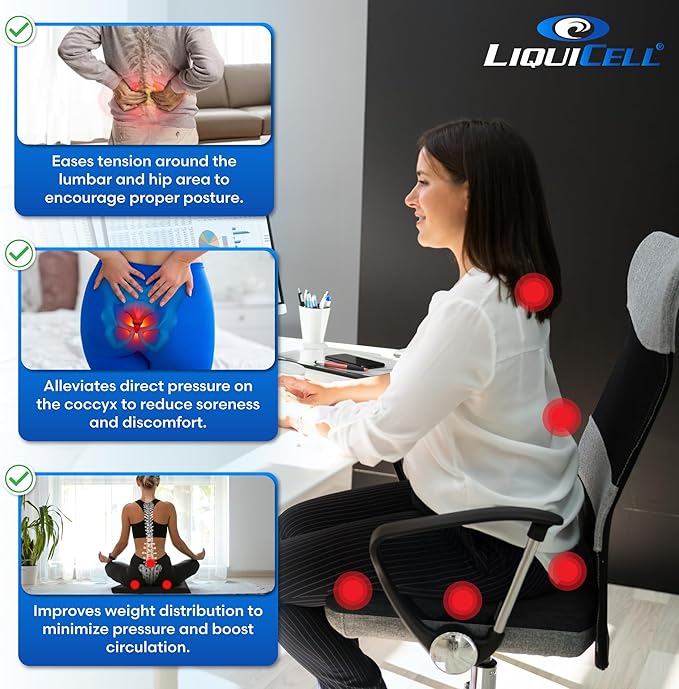 LiquiCell Coccyx Seat Cushion, Aid for Tailbone Pain Relief, Sciatica Pain, Back Support | Donut Like Butt Pillow for Long Hours Sitting at Home/Office Chair (20" W x 18" L x 2.5" H)