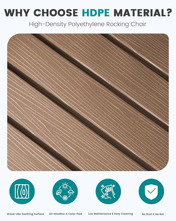 SERWALL Outdoor Rocking Chair, HDPE Patio Rocking Chair All-Weather Porch Rocker for Balcony, Yard, Brown
