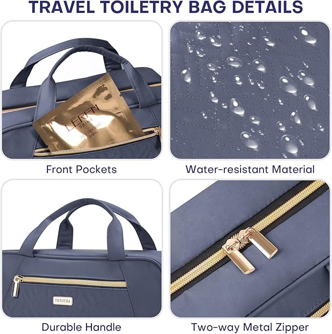 Hanging Toiletry Bag for Women Travel, 2 Sizes Large & Small Waterproof Cosmetic Organizer with 4 Compartments, Rotating Hook, Foldable Pink Travel Bag for Toiletries & Makeup, Large Grey Blue