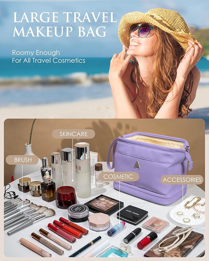 Initial Makeup Bags, Personalized Double Layer Cosmetic Bag with Makeup Brush Organizer, Grandma Birthday Gifts, Large Capacity PU Leather Toiletry Bag, Gifts for Women Girlfriend Friends