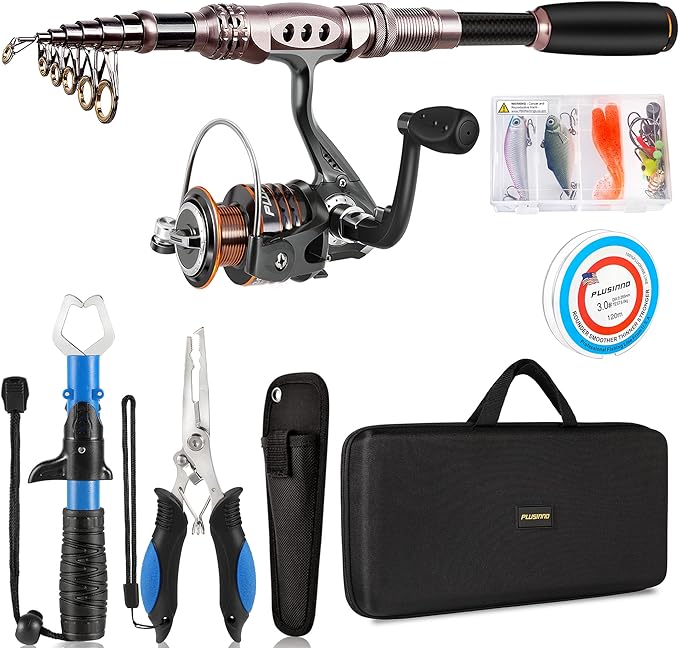 PLUSINNO Fishing Rod and Reel Combos Carbon Fiber Telescopic Fishing Pole with Reel Combo Sea Saltwater Freshwater Kit Fishing Rod Kit