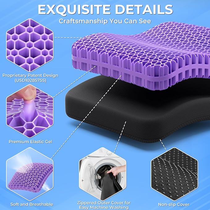 TushGuard Gel Seat Cushion for Long Sitting, Enlarged & Thickened Patent Design Office Chair Seat Cushion, Breathable Cooling Pads for Chairs, Soft Car Cushions for Wheelchair(XX-Large, Black)