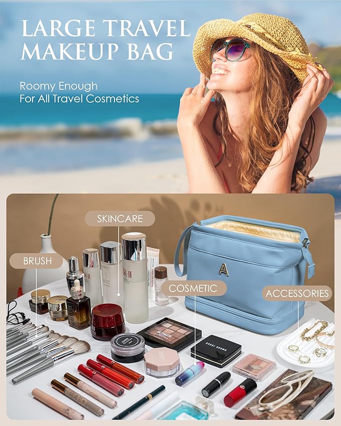Makeup Bag for Women, Personalized Double Layer Cosmetic Bag with Makeup Brush Organizer, Waterproof, Large Capacity PU Leather Travel Toiletry Bag Gift Gift for Mom，Personalized Gifts