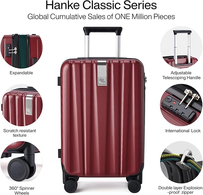 Hanke Expandable Hard Shell Luggage Sets 2 piece Carry on Luggage with Wheels Suitcases Lightweight Checked TSA Luggage Rolling Large Suitcase Travel Luggage Bag Woman Men 20/29 Inch(Burgundy)