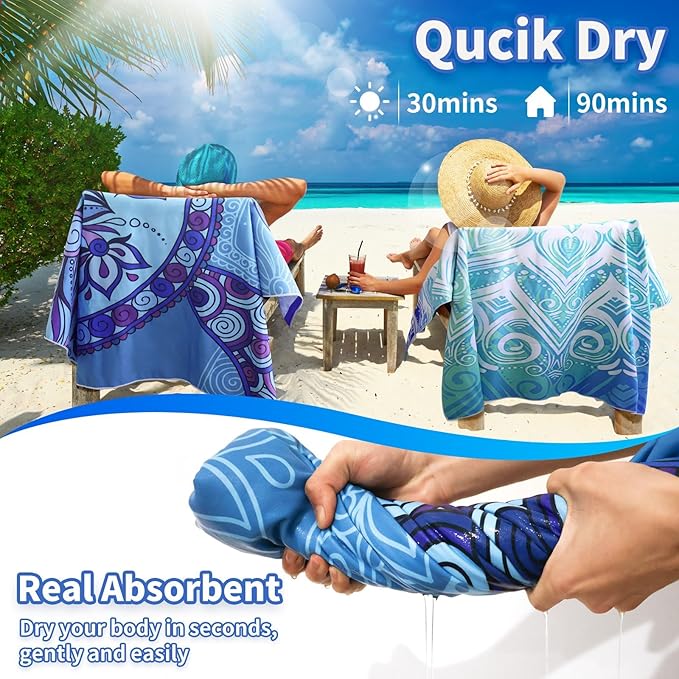 Beach Towels Oversized - 2 Pack 71"x 39" 250GSM Microfiber Beach Towels for Adults, Lightweight Quick Dry Absorbent Compact Sand Free Beach Towel for Swimming Pool, Camping, Yoga, Travel