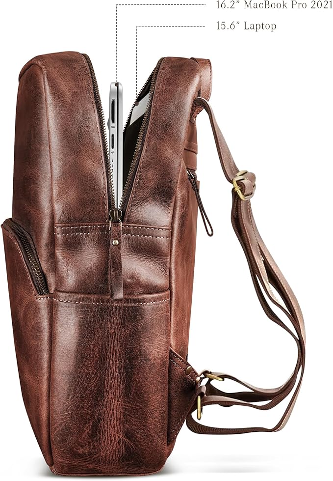 Handmade Leather Backpack for Men and Women, 15.6 Inch Laptop Bag, Genuine Leather Retro Style Casual Daypack, For Colleges & Office, Travel or Hiking- Vintage Brown